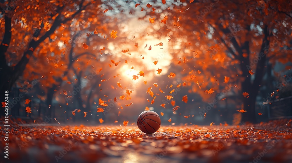 Poster a basketball sits on a path covered in fallen leaves with a blurred background of trees and a sunset
