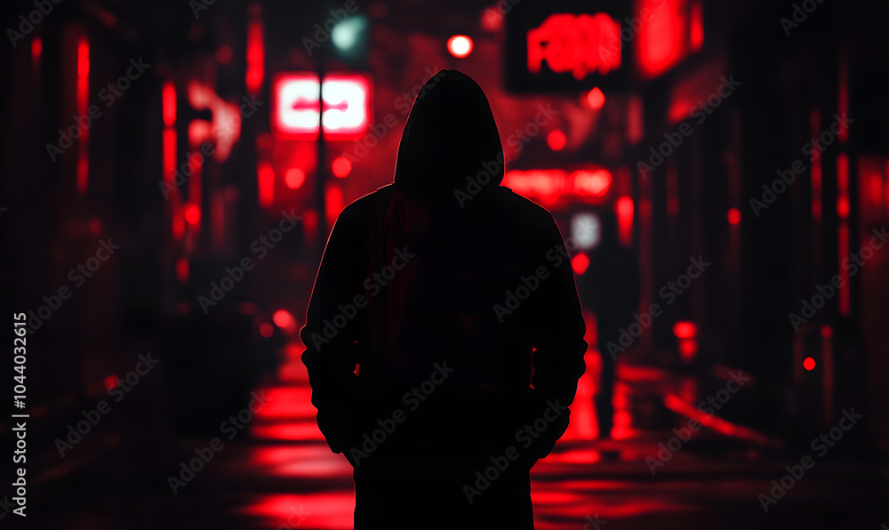 Poster hacker or scammer character in the dark with their face obscured by the hood design, standing under 