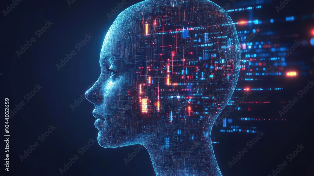 Aufkleber a digital representation of a human head with data streams, symbolizing ai and technology.