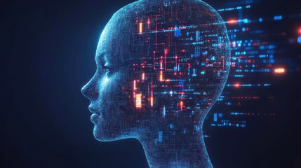 Obraz premium A digital representation of a human head with data streams, symbolizing AI and technology.