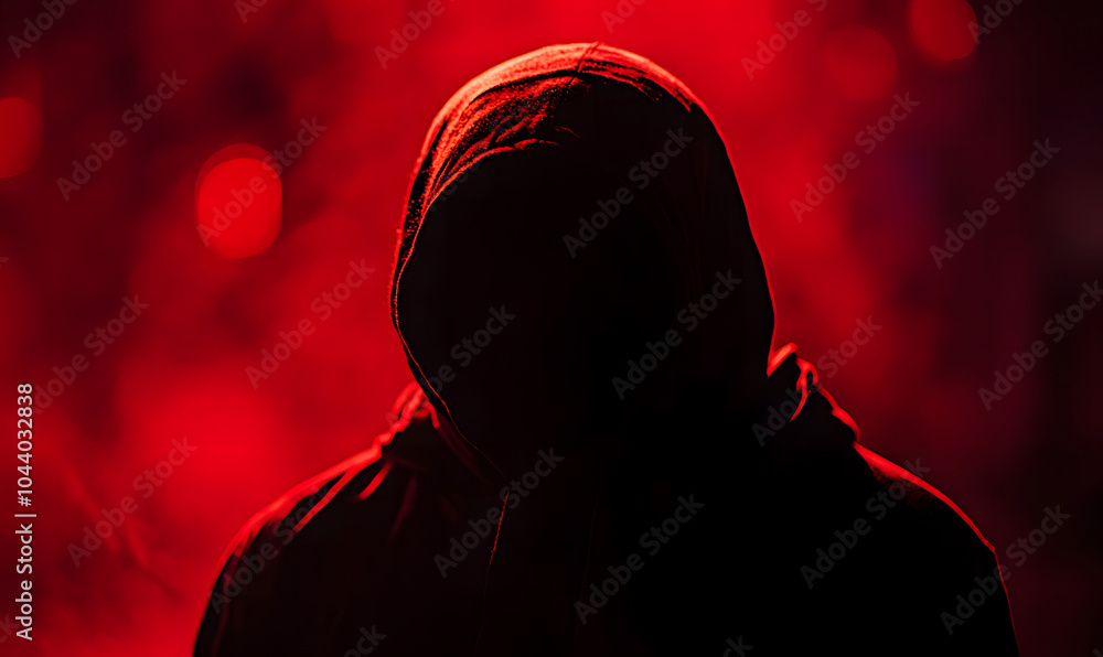 Poster hacker or scammer character in the dark with their face obscured by the hood design, standing under 