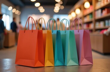 Set of multicolored paper shopping bags on blurred store background. Black Friday or Cyber Monday concept.
