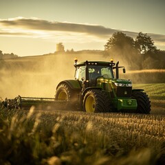 Fototapeta premium Farmer drives a tractor with equipment across a sunlit field, with detailed machinery and a blurred backdrop.