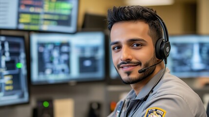 Smiling Emergency Dispatcher in Control Room with Headset, Ensuring Effective Communication and Coordination