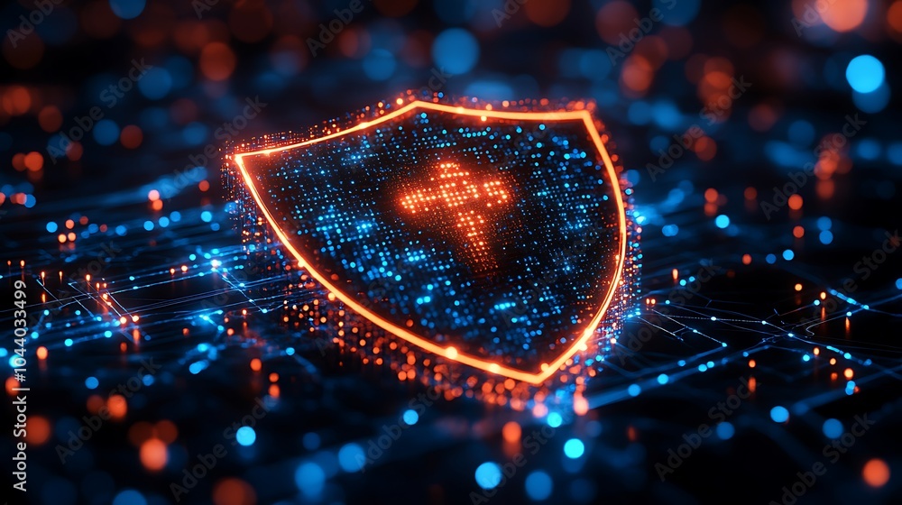 Poster a glowing digital shield icon with data flowing around it, symbolizing cybersecurity.