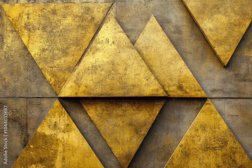 Fototapete Golden triangular shapes arranged asymmetrically on a textured gray background produce a bold, contemporary aesthetic. Generative AI