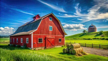 Nestled in a scenic backdrop, this striking red barn surrounded by captivating views presents an inviting canvas for creative ideas and visual storytelling.