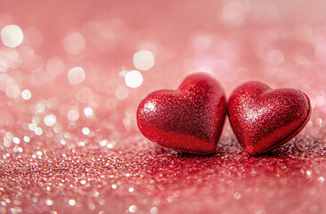 Obraz premium Glittering Red Hearts on a Sparkling Pink Background for Valentine's Day