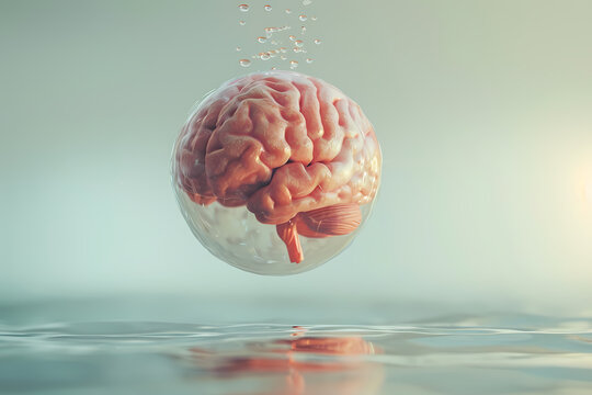 A surreal image of a human brain encapsulated in a bubble, floating above a calm water surface, creating a dreamlike atmosphere.