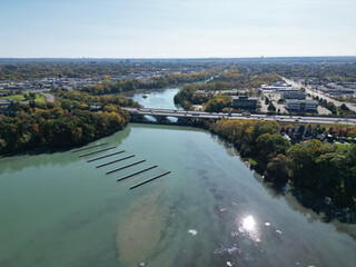 Aerial over Martindale Pond with rowing competition markers set up, looking south, near Port Dalhousie and Lake Ontario with the QEW highway bridge over Twelve Mile Creek in north St. Catharines.