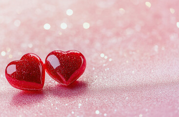 Fototapeta premium Close-Up of Two Sparkling Red Hearts on a Pink Glitter Background