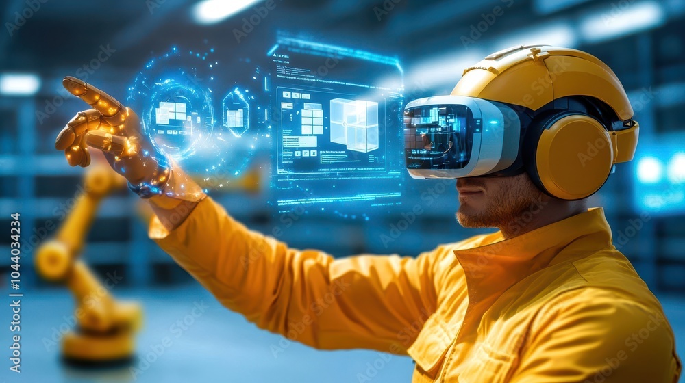 Poster man wearing virtual reality headset interacting with digital interfaces in a high-tech environment.