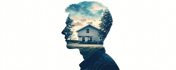 A silhouette of a man with a landscape, featuring a house and trees, blending into his profile against a light background.
