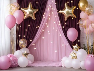 Elegant Birthday Party Decoration with Pink Balloons, Gold Stars, and Glittering Backdrop
