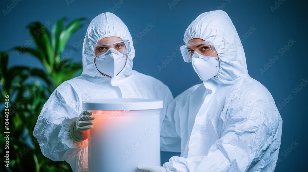 Poster scientists in protective gear handling a glowing container in a laboratory setting.