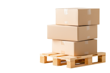 Packaging & Shipping: Stack of cardboard boxes on wooden pallet, transparent background