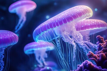 Obraz premium Bioluminescent Beauty: Glowing Jellyfish Illuminate the Ocean