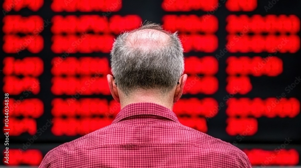 Poster a man analyzing stock market data on a digital display with red numbers, representing financial deci