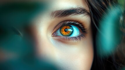 Fototapeta premium A captivating close-up of a woman's eye with vibrant green and amber hues, AI