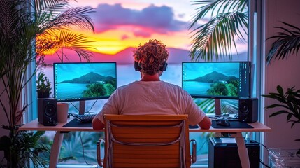 Fototapeta premium An individual participating in a global video conference call, showcasing online working connectivity
