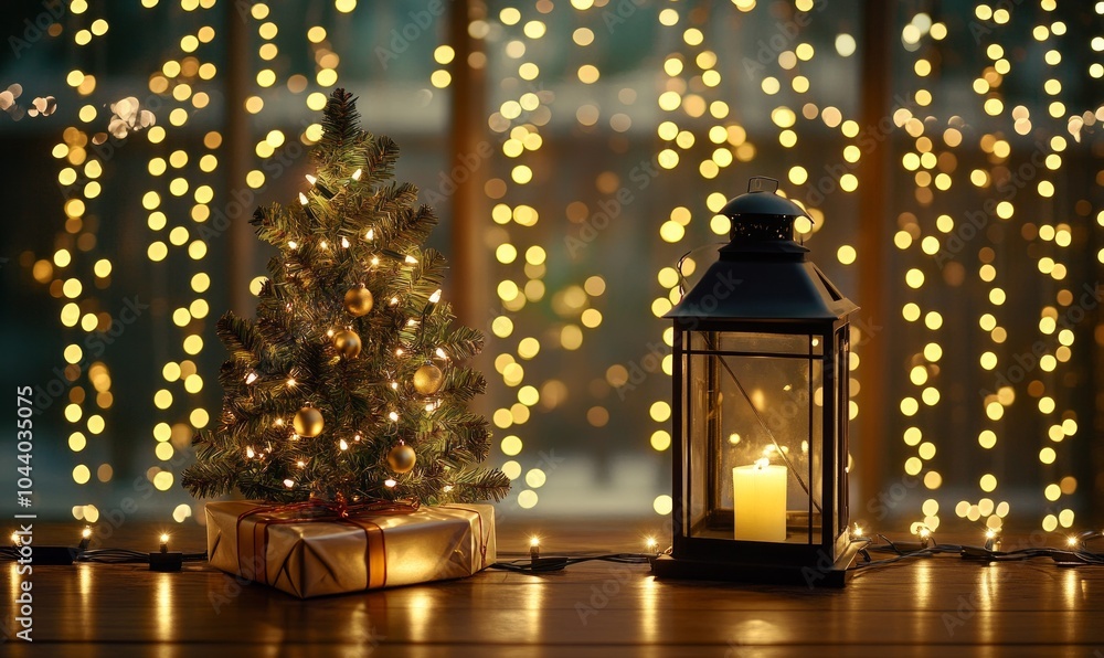 Poster lantern and christmas tree glowing on table with decoration and string lights - bokeh and glittering
