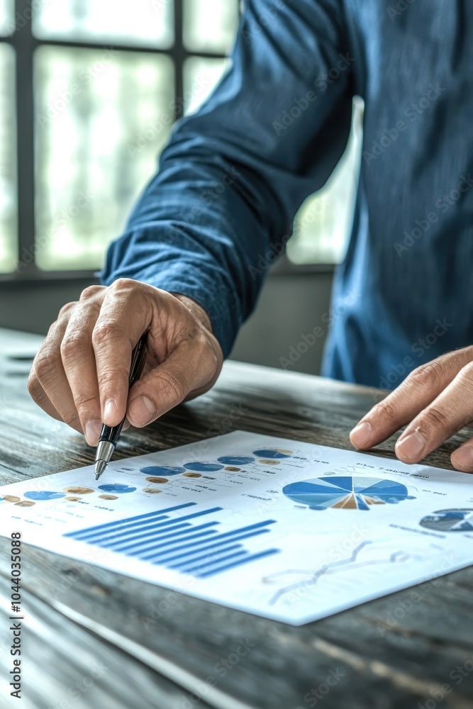Poster close-up of a person analyzing financial graphs and charts on paper, focusing on data interpretation