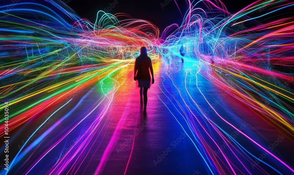 Poster colorful lights streaking across a dark pathway during a motion capture event at night, creating a v