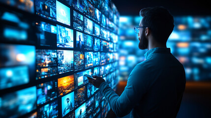 Medienkäufer bei der Arbeit, Berater durchsuchen Mediatheken nach gewinnbringender Werbung, Onlinewerbung, Over-the-top media services, Fernsehwerbung, Werbeclips 