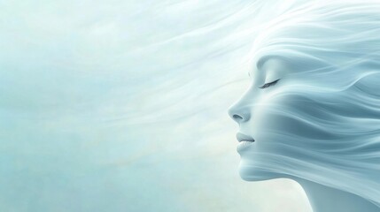 Obraz premium Ethereal face blending with flowing white strands in a serene, dreamlike atmosphere, AI
