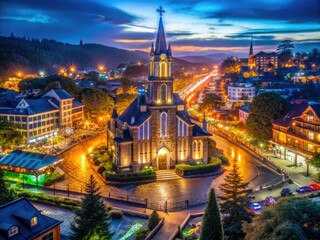 Obraz premium Night Lights and Church in Gramado City - A Captivating Evening Scene