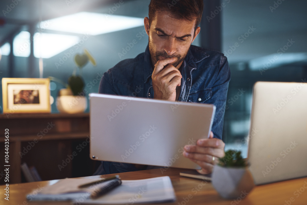 Poster thinking, office and businessman on tablet in dark for research, online website and internet. profes