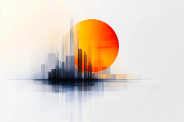 Stylized geometric cityscape with a bright orange sun combining modern architecture with minimalist design, idea for a business card or logo for an urban infrastructure project