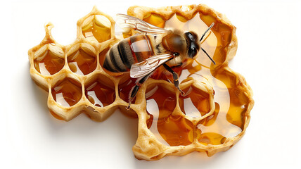 A close-up shot of a honeybee perched on a honeycomb, surrounded by glistening golden nectar.