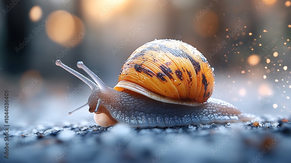 Poster a snail crawls slowly on a path with sparkling light in the background.