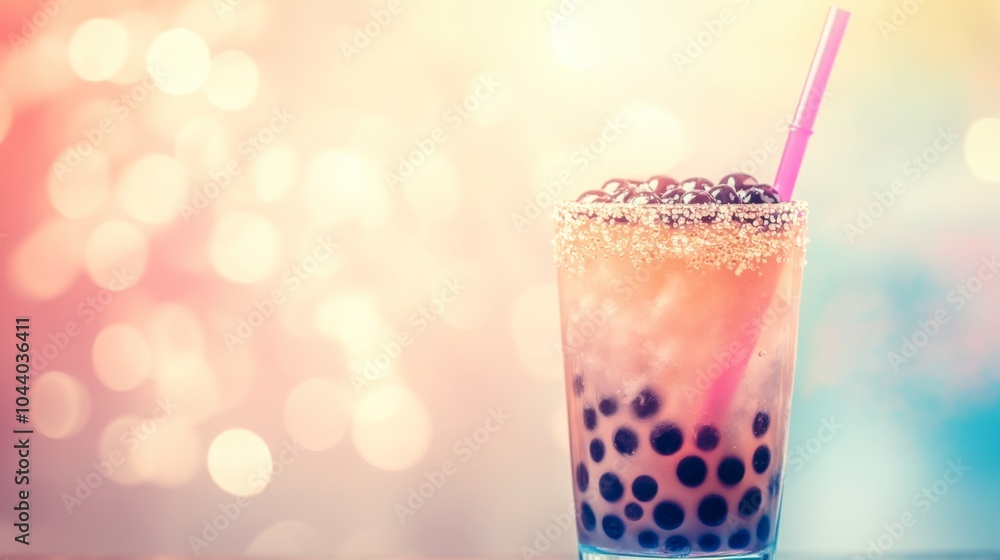 Poster colorful bubble tea with straws and bokeh background