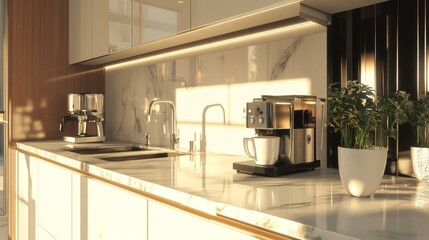 Modern Kitchen with Stylish Coffee Machine and Sunlight