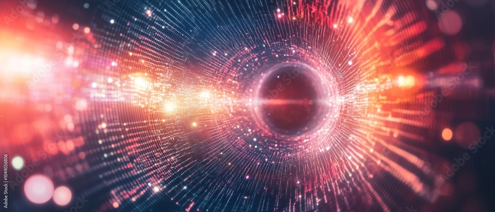 Poster abstract representation of a cosmic vortex with vibrant light trails.