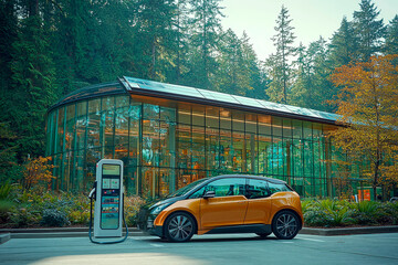 Obraz premium Luxury Electric Car Charging at Modern Eco-Friendly Home with Solar Panels and Greenery in Sustainable Design Setting
