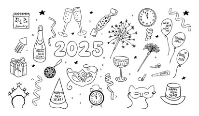 New Year 2025 party items doodle set. Winter holiday hand drawn sparkling, masks, clocks, bottle of wine and glasses isolated on white background. New Year decoration for coloring pages, stickers