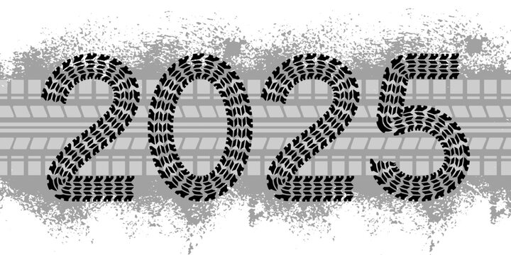2025 new year card with tire wheel marks of car. Vector illustration