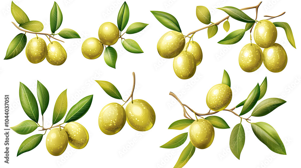 Poster green olives with leaves on branches transparent background generative ai