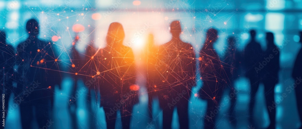 Poster silhouetted figures in a digital network setting, symbolizing connection and interaction.