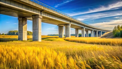Scenic meadow with yellow grass and large concrete bridge Storebaelt