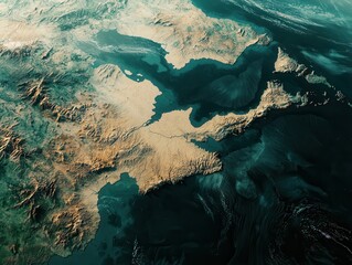 Aerial view of a rugged coastline with landmasses and water bodies, showcasing the natural geography and terrain variations.