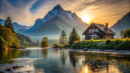 Fototapeta premium Scenic mountain house by river with mountain backdrop