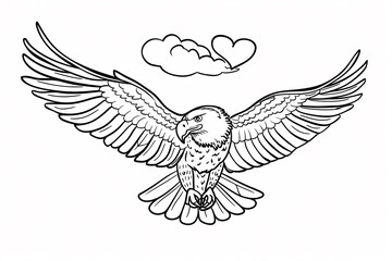 Fototapeta premium A majestic eagle with outstretched wings soars above, accompanied by a heart-shaped cloud, symbolizing freedom and love.