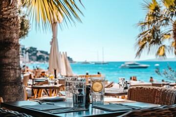 Fototapeta premium Street café with coastal view on the French Riviera