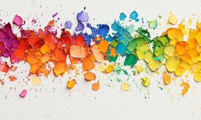 Colorful rainbow paint splatter creates a vibrant pattern on textured white paper, showcasing an artistic explosion of hues and creativity