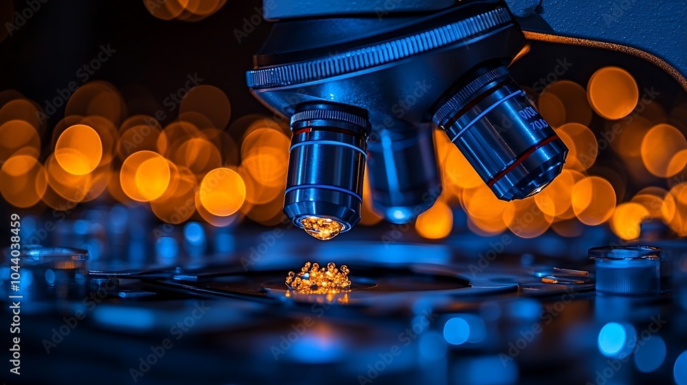 Poster a close-up view of a microscope with its lens focused on a specimen. the microscope is illuminated b