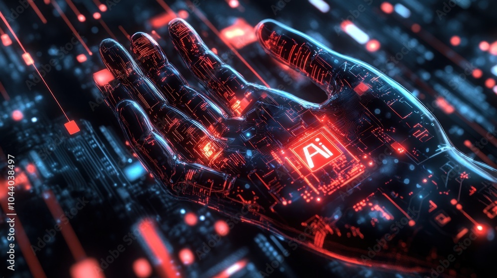 Poster a digital hand with glowing circuitry and an ai chip, symbolizing technology and innovation.
